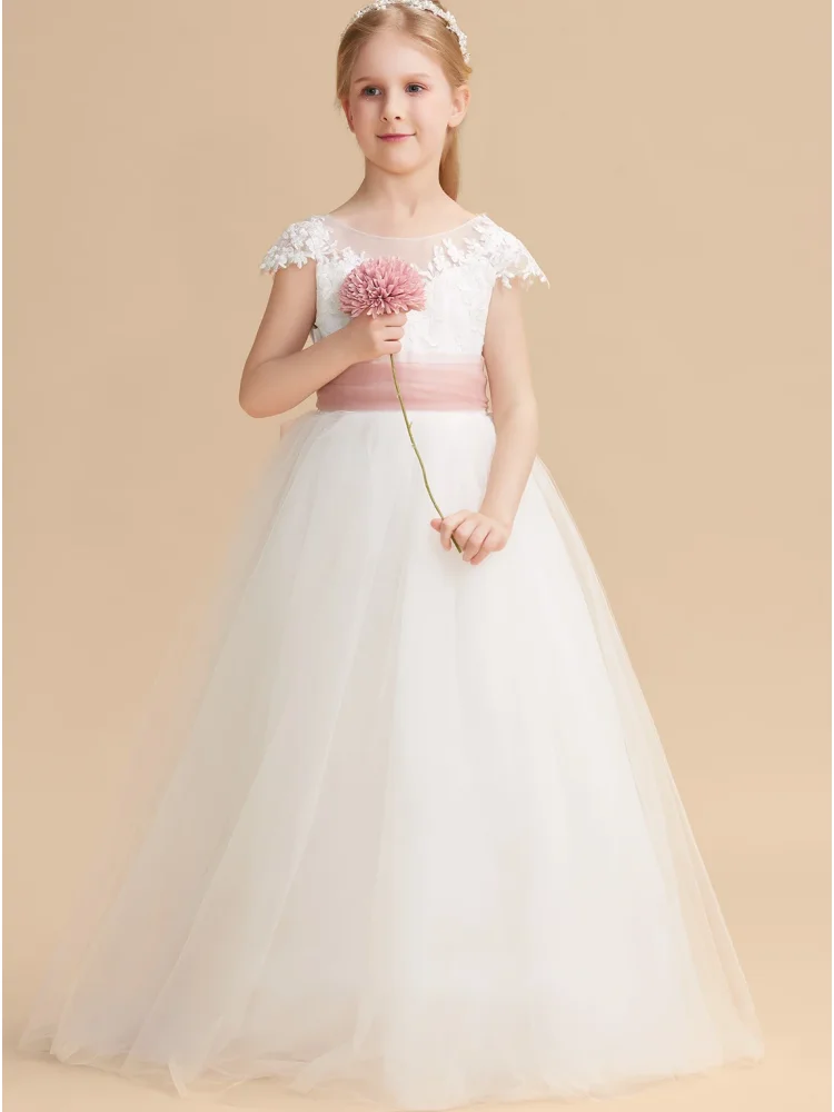 

White Flower Girl Dresses Tulle Appliques With Pink Bow Ribbon Sleeveless For Wedding Birthday Party Banquet Princess Gowns