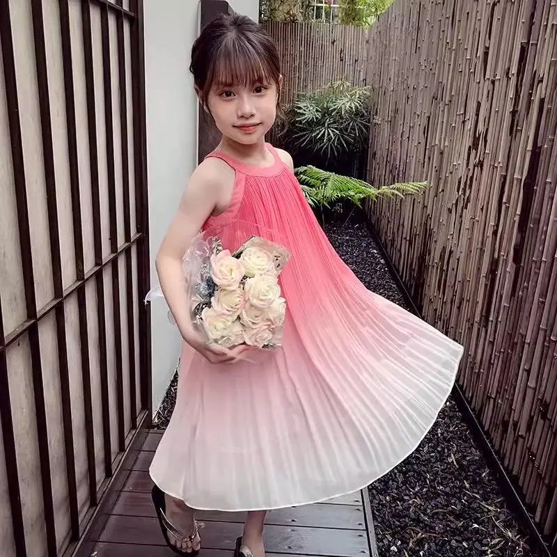Girls Dress Summer 2026 New Style Children's Chiffon Suspender Dress Girls Vacation Beach Dress Flower Girl Dresses Kids 7-13Y