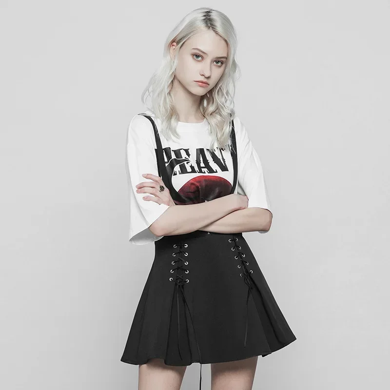 PUNK RAVE Women's Gothic Black Classic Casual A-Line Skirt Fashion Corn Bandage Overalls Young Girl  Skirts Streetwear