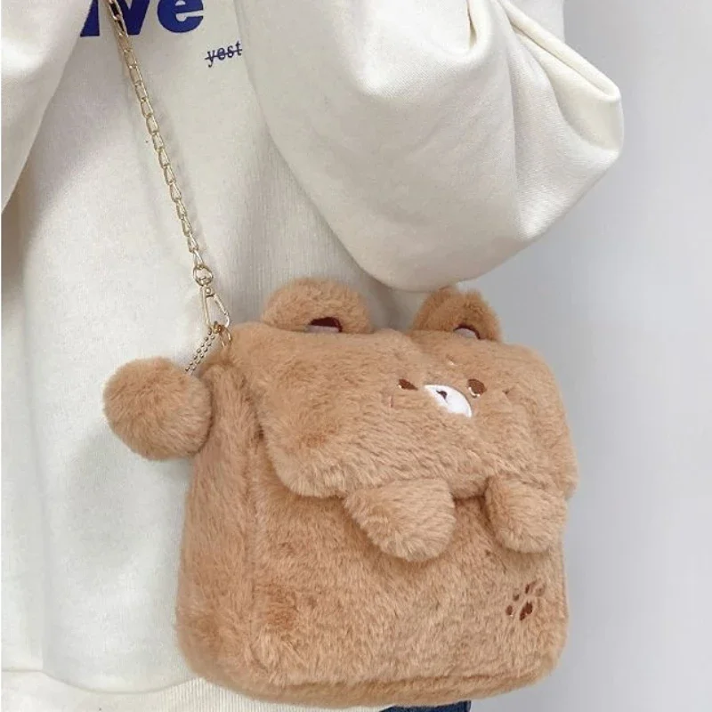 MBTI Cute Bear Shoulder Bag for Women Soft Fluffy Kawaii Versatile Trend Purse Winter Casual Girls Kid Solid Color Crossbody Bag