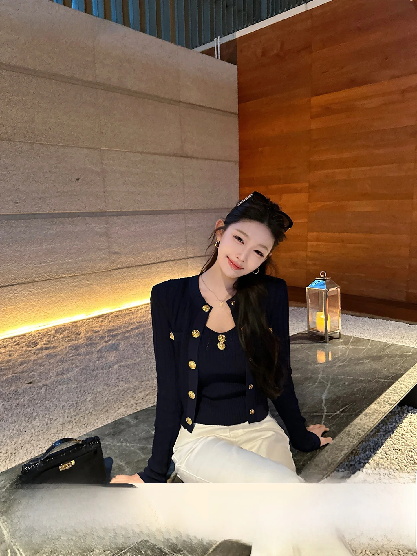 

LILYLIKES Balm Blue Gold Button Wrap Cardigan Casual Style Machine Woven Double Curved Shiny 60 Yarn Women's Knitted Sweater