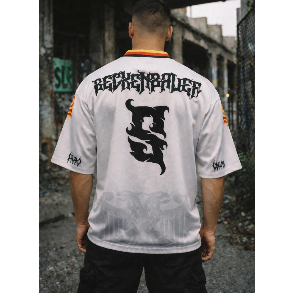 2026 Men Germany Beckenbauer Fire Flame Gradient Print Football Jersey Gothic Letter V Neck Mesh Short Sleeve Street Fan T Shirt