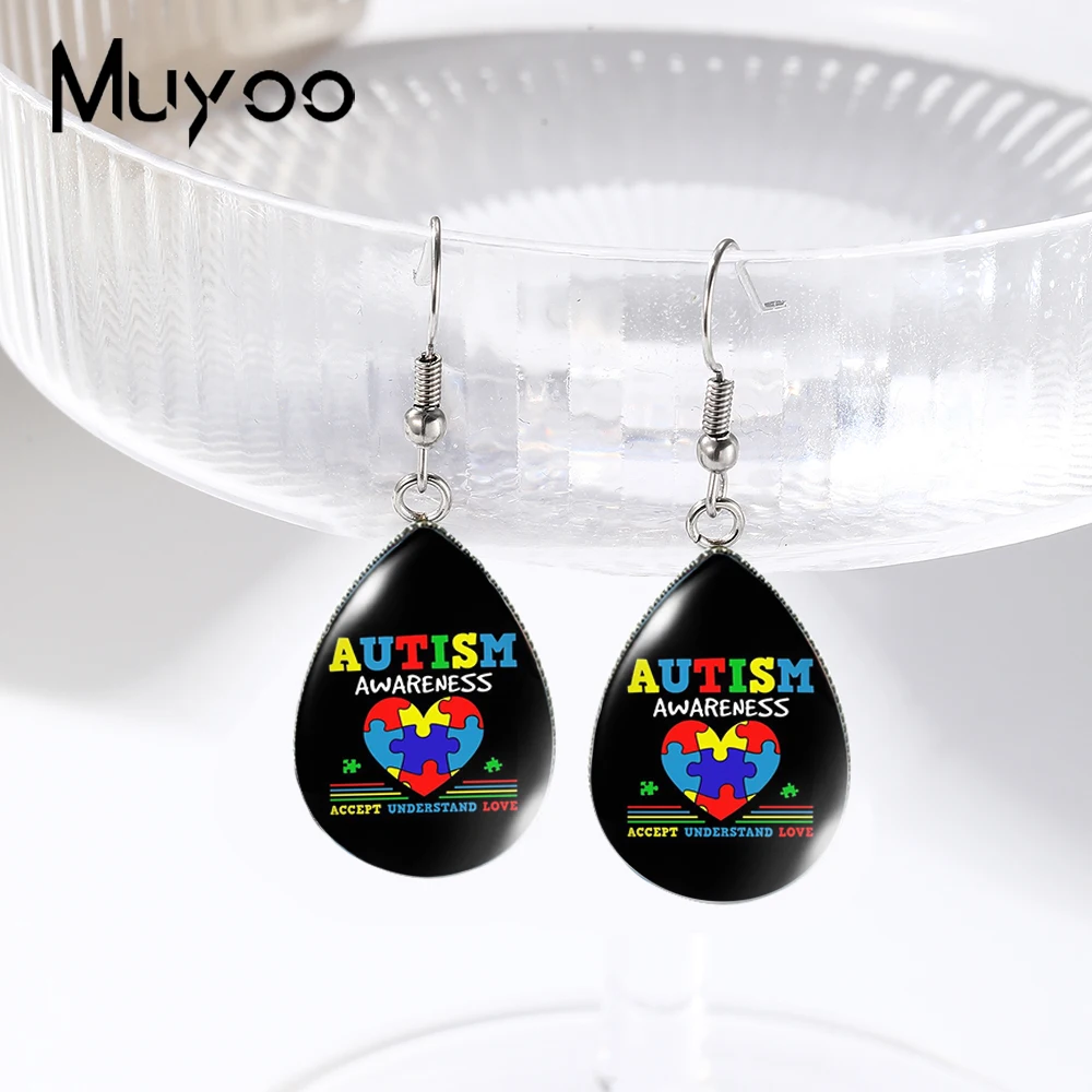 2025 New Autism Awareness Tear drop Earring Fish hook Earring Glass Dome Jewelry Handmade Earrings