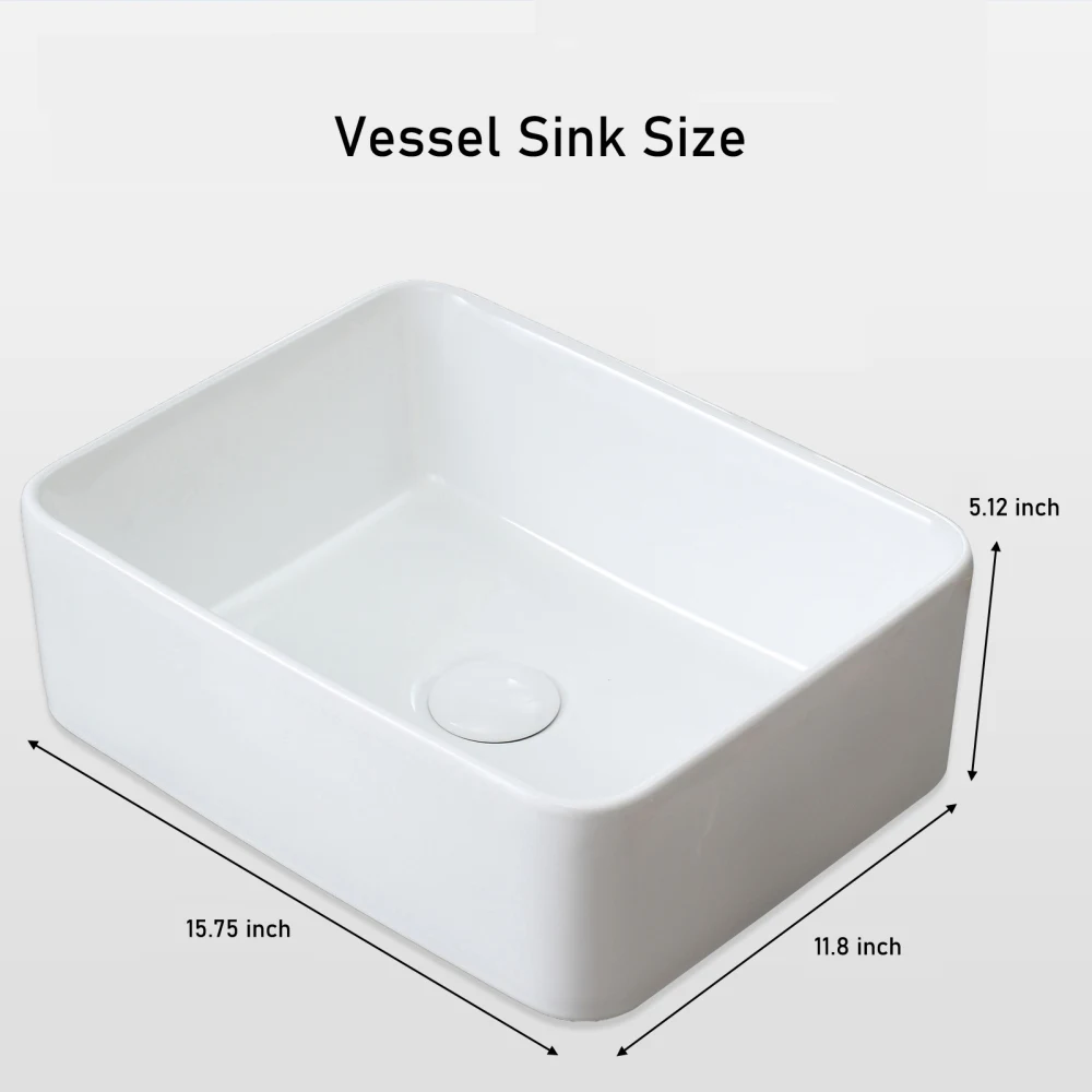 Vessel Bathroom Sink Basin in White Ceramic Single Basin Ceramic Farmhouse Kitchen Sink with Basket Strainer Vessel Sink Rectang