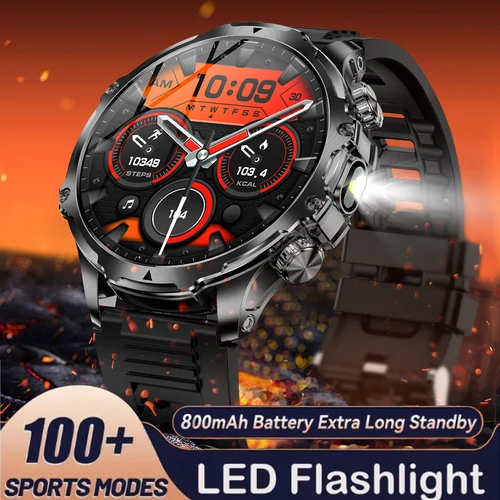 2025 nuevo reloj inteligente para hombres de 1,9 pulgadas linterna deportes al aire libre rastreador de Fitness 800mah Batería grande IPX8 impermeable LED Smartwatch