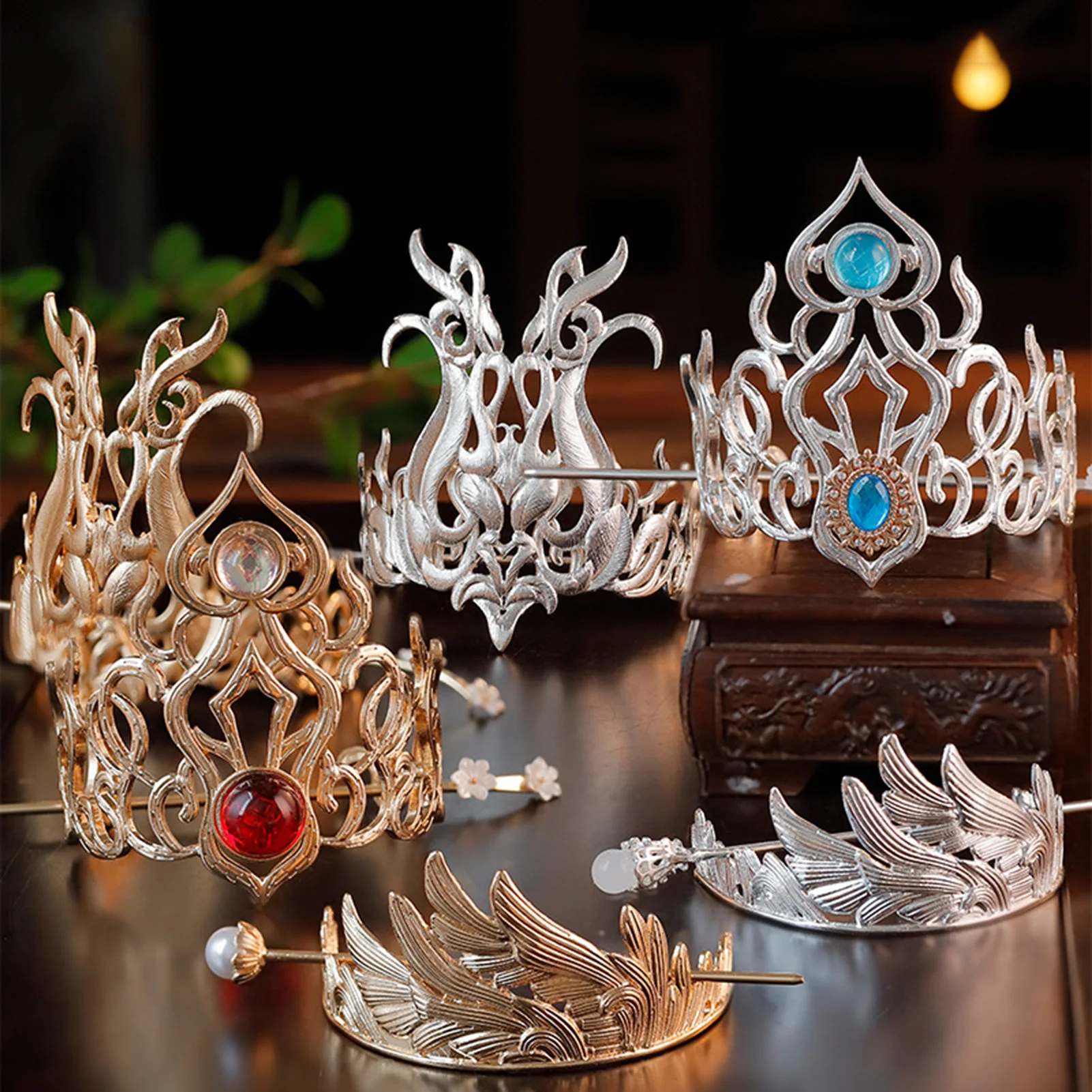 Retro Chinese Hair Crown Alloy Tiaras and Crowns Pearl Headbands with Hair Sticks Vintage Hair Jewelry for Men Women Gift
