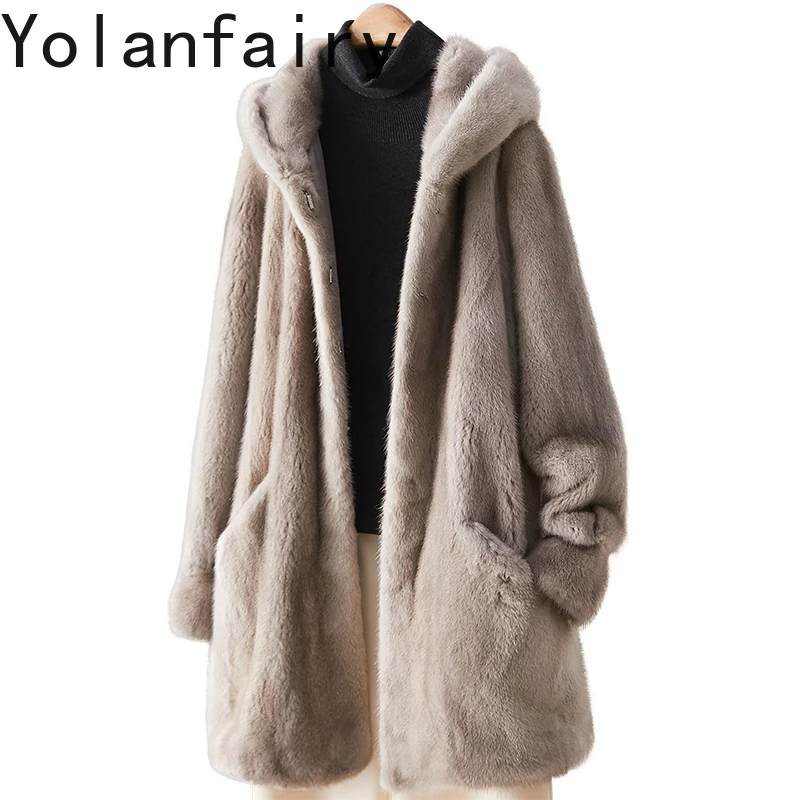 

YOLANFAIRY 100% Real Mink Fur Jacket Women Clothing Autumn Winter Hooded Natural Whole Mink Fur Coat Woman Mid-length Fur Coats