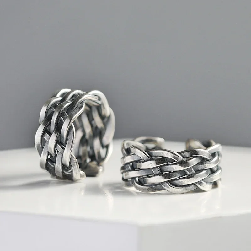 New in 925 Silver Simple Weaving Design Mens Rings Domineering Original Retro Glossy Hollow Out Wide Ring Party Jewelry