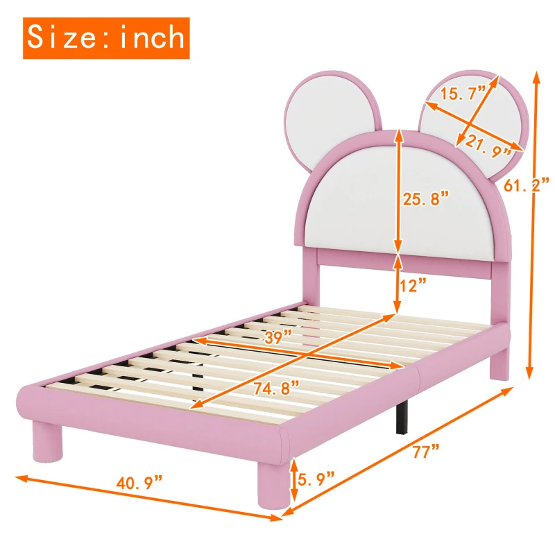 Tempat tidur Platform lapis kain ukuran ganda dengan Headboard berbentuk telinga kartun dan LED, putih & merah muda