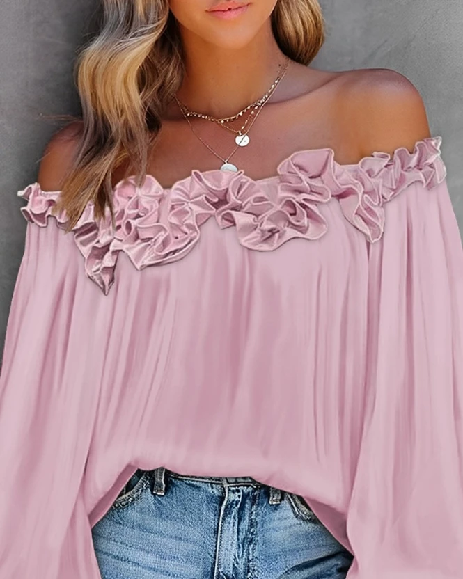 Office 2024 Spring Summer Women\'s Blouse Solid Color Pleated Loose Ruffle Hem Lantern Sleeve Top Off Shoulder Slash Neck Shirt