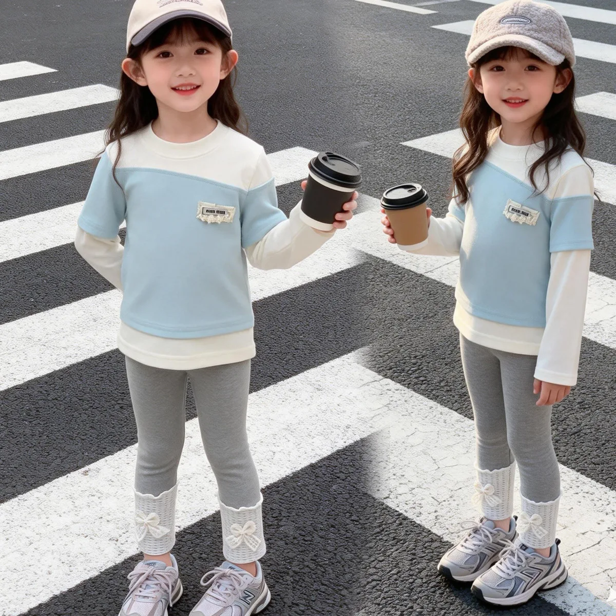 

Весенне-осенний комплект для девочек: хлопковая футболка с длинным рукавом (имитация двух предметов) + леггинсы, школьный костюм из 2 предметов для детей 1-12 лет