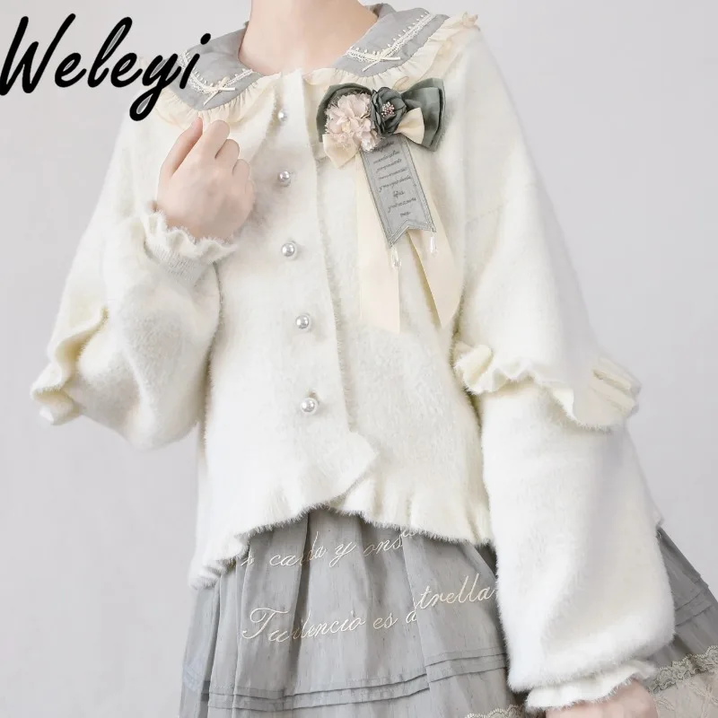 

Sweet Girl Sweaters for Women Cut Gentle Bubble Sleeves Thick Knitted Coat 2024 Autumn New Lolita Soft Girly Lace Cardigan Outer