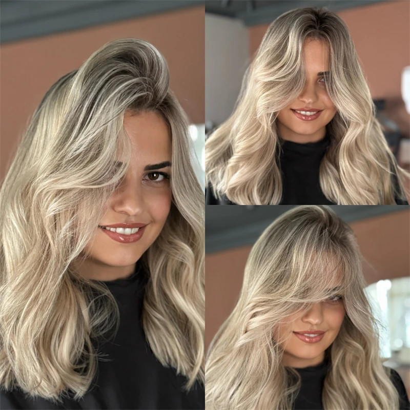 

Ombre Platinum Blonde Soft HD Lace Front Wig Wave Bob Wear and Go Бесклеевой синтетический парик Предварительно выщипанная линия волос с детскими волосами 14 дюймов