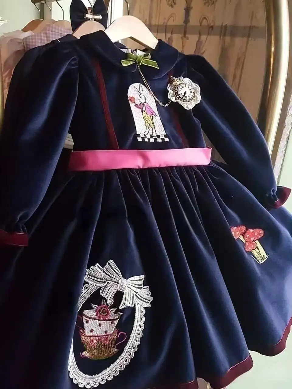 0-12Y Baby Girl Autumn Winter Alice Rabbit Embroidery Long Sleeves Navy Blue Velvet Dress for Birthday Photography C228