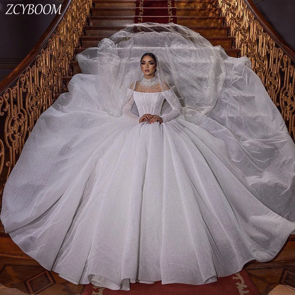 

Luxury High-Neck Sequin Beaded Shiny Long Sleeves Wedding Dress 2024 Ball Gown Floor Length Sweep Train White Bridal Gown