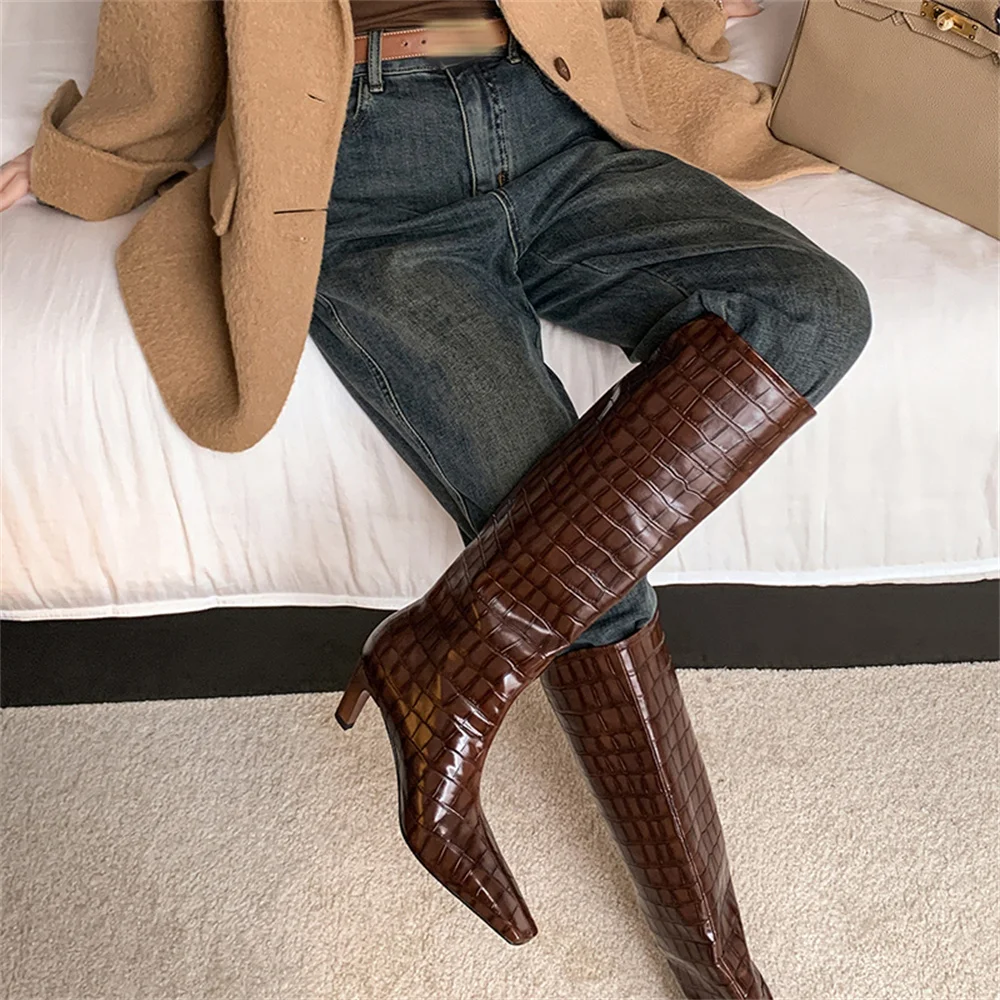 FEDONAS Knee High Boots For Women Stone Pattern Leather High Heels Autumn Winter Shoes Sexy Lady Long High Party Knight Booties
