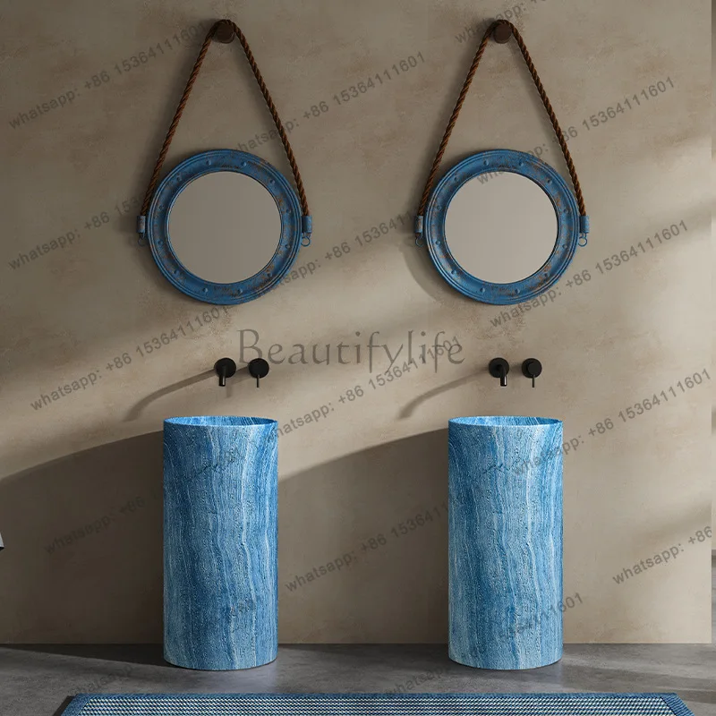 Minimal light luxury column designer creative vertical wash basin integrated floor blue travertine wash basin