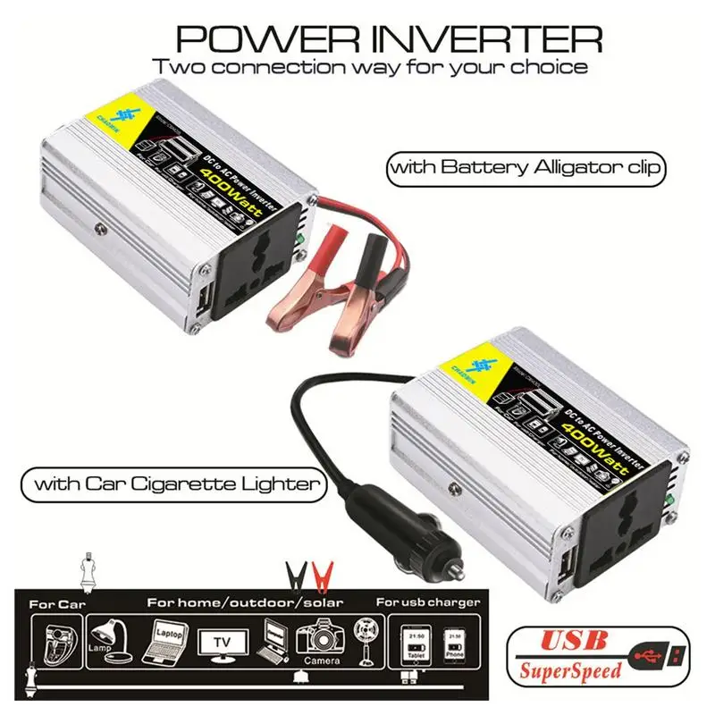 Inverter Pure Sine Waves 400W Car Converter 12V DC To 220V AC Car Converter Solar Inverter With 2 Battery Clips For Truck Home