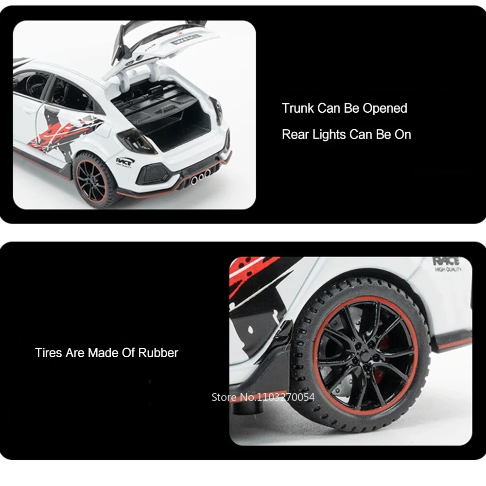 1/32 CIVIC TYPE-R Car Model Toys Diecast Alloy Vehicle 6 Doors Opened Sound Light Pull Back Metal Body Rubber Tire Toy Kids Gift