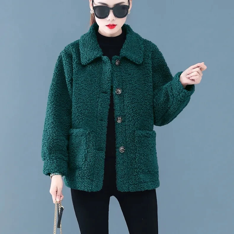 

Women Lambswool Jacket 2024 Autumn Winter Single-breasted Coat Short Lamb Wool Outwear Female Long Sleeve Jacket Tops Women Coat