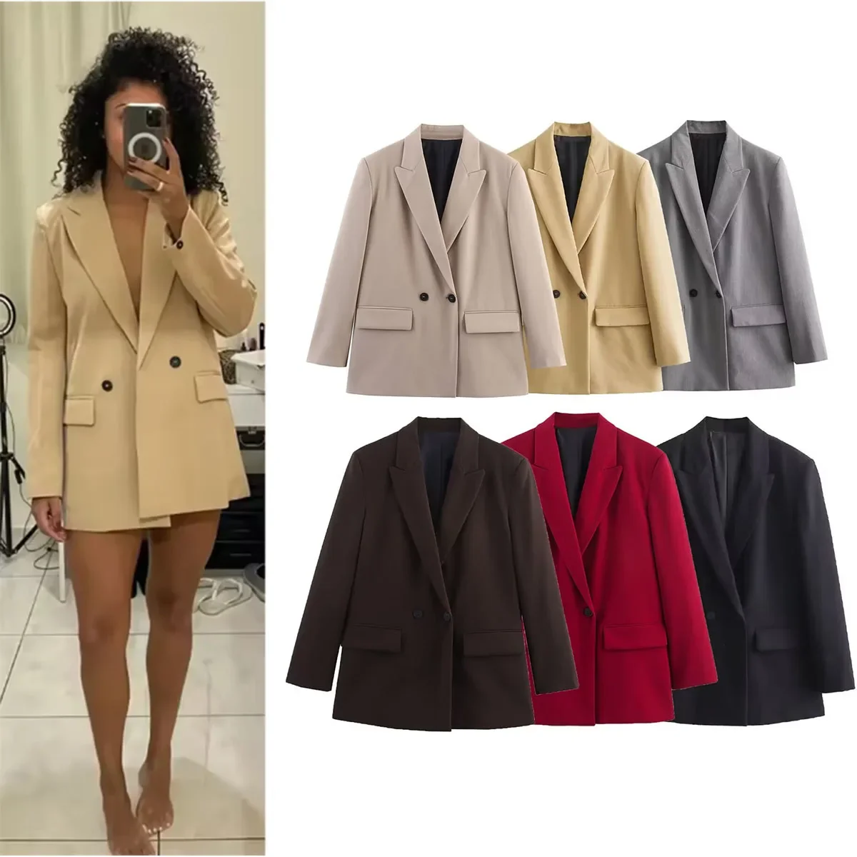 

Fashion Blazers Jacket Casual Outerwear Stylish Tops Chic Office Lady Double Breasted Blazer Woman Long Sleeve Vintage Coat