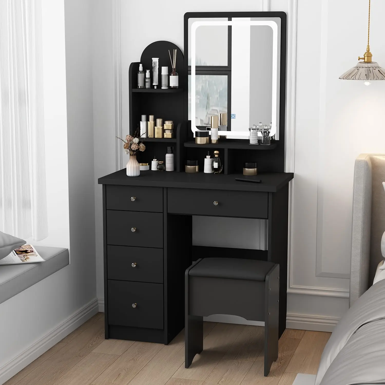 Vanity with Chair, Dressing Table with Lighted Rectangular Mirror, 5 Drawers and Shelves, Makeup Vanity Set with