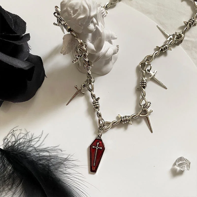 Gothic Barbed Wire Chain Necklace Red Coffin Cross Pendant Necklace Punk Dark Style Neck Chain Women Party Jewelry Gift