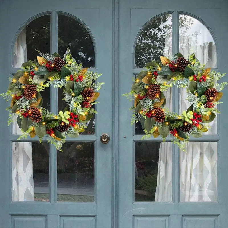 

Рождественский венок с подсветкой, гирлянда из сосновой шишки, Рождественский венок с шишками, красные ягоды, светящийся рождественский венок на зиму