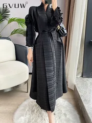 GVUW Wedding Party Pleated Midi Dresses Women Belt Long Sleeve Solid Color Temperament Loose Female Autumn Spring Cloth 17D830