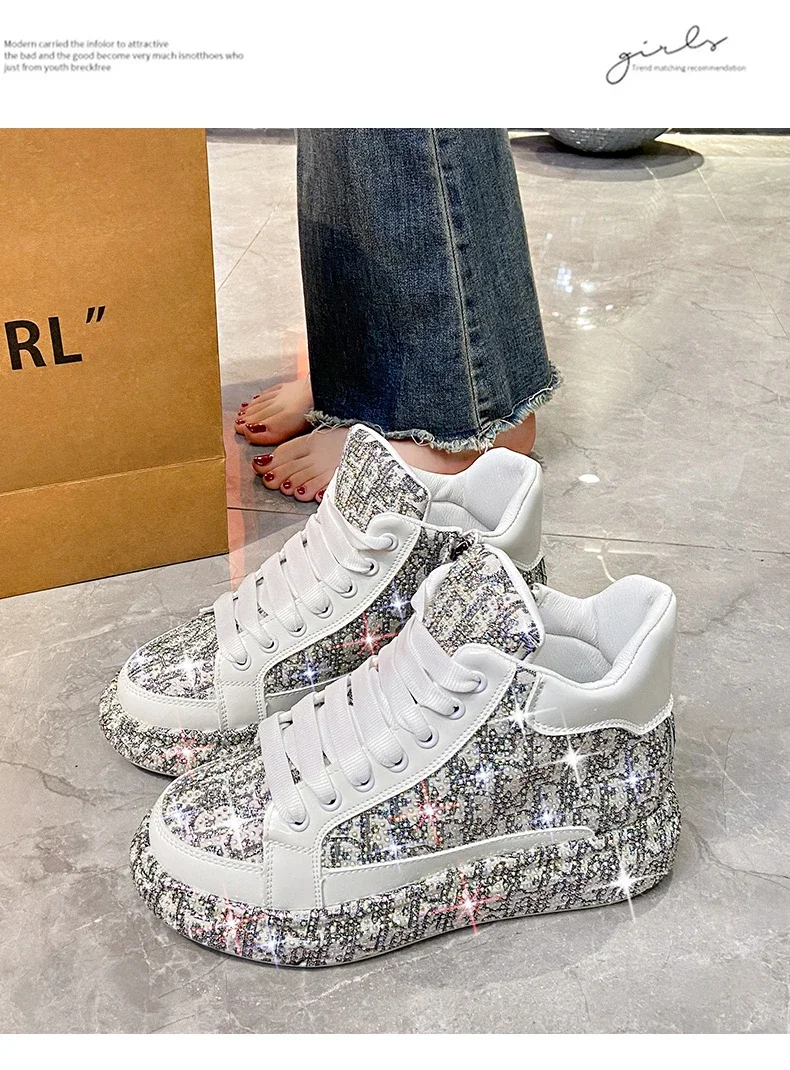 Women's Full Diamond Platform Sneakers Personalized Water Diamond Colored Embroidery Casual Shoes High Top Luxury Sports Shoes