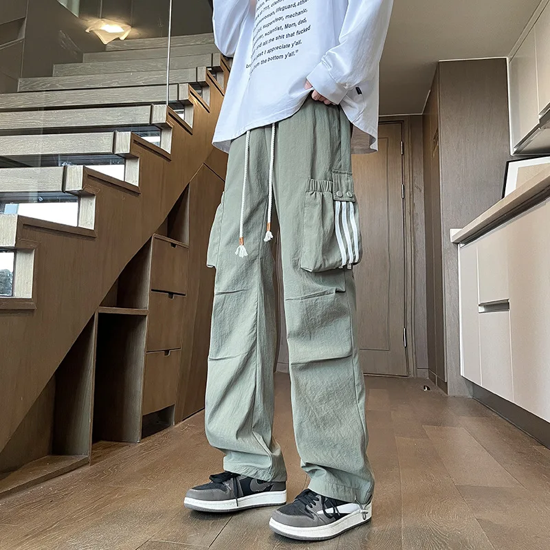

American workwear pants for men, summer trendy brand, loose functional straight leg pants, casual large pocket sweatpants