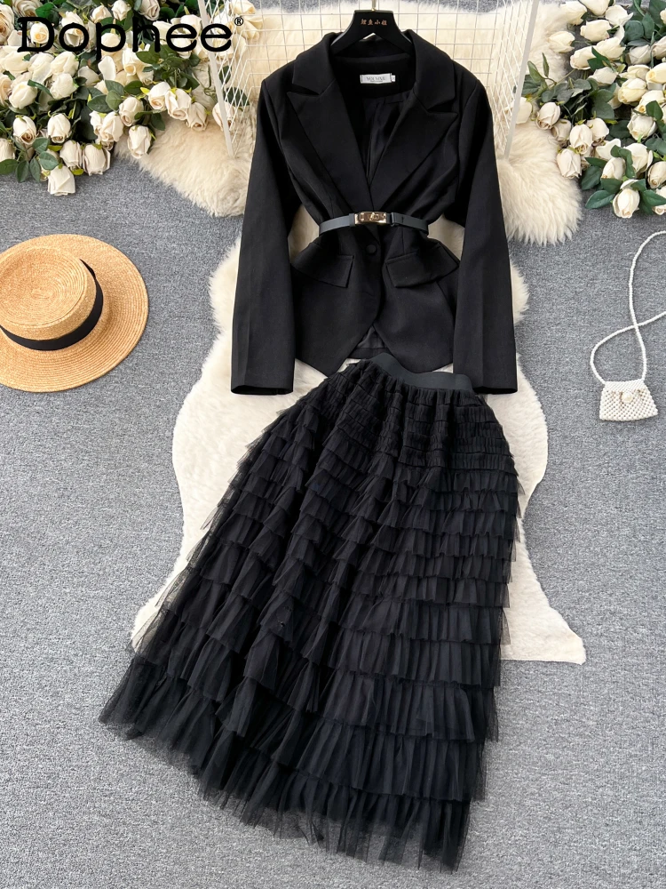 Commute Style Elegant Skirt Suits Fall Winter High-Grade Long Sleeve Jacket Mid-Length Tiered Skirt 2 Piece Sets Women Outifits