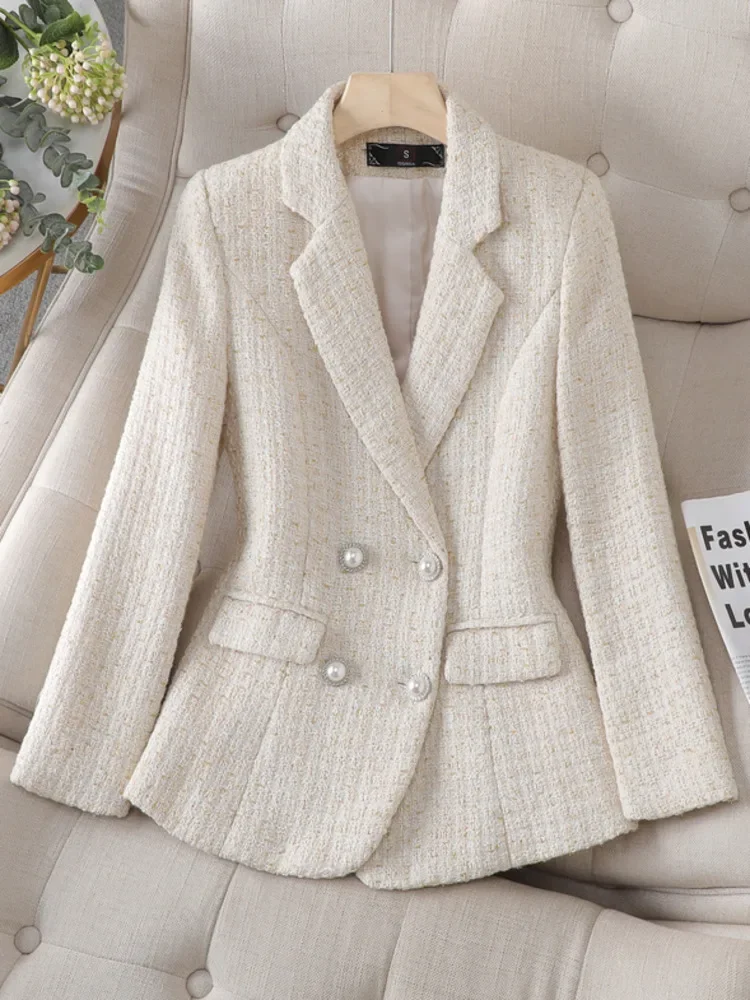 High Quality Korean Fashion Tweed Blazer Jacket Coat Women Long Sleeve French Slim Woolen Suit Outwear Autumn Winter Casaco