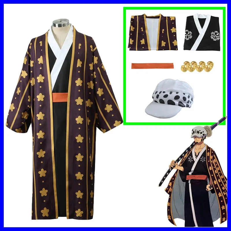 

Anime Piece Pirate Cosplay Costumes Trafalgar D Water Law Earrings Hat Bathrobe Kimono Suit Carnival Party Wano Country Uniform;