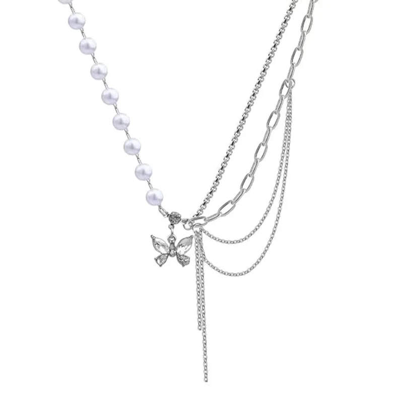 رائعة متعددة الطبقات اللؤلؤ سلسلة الترقوة لامعة كريستال فراشة قلادة القلائد للنساء 2022 الاتجاه الجمالية مجوهرات