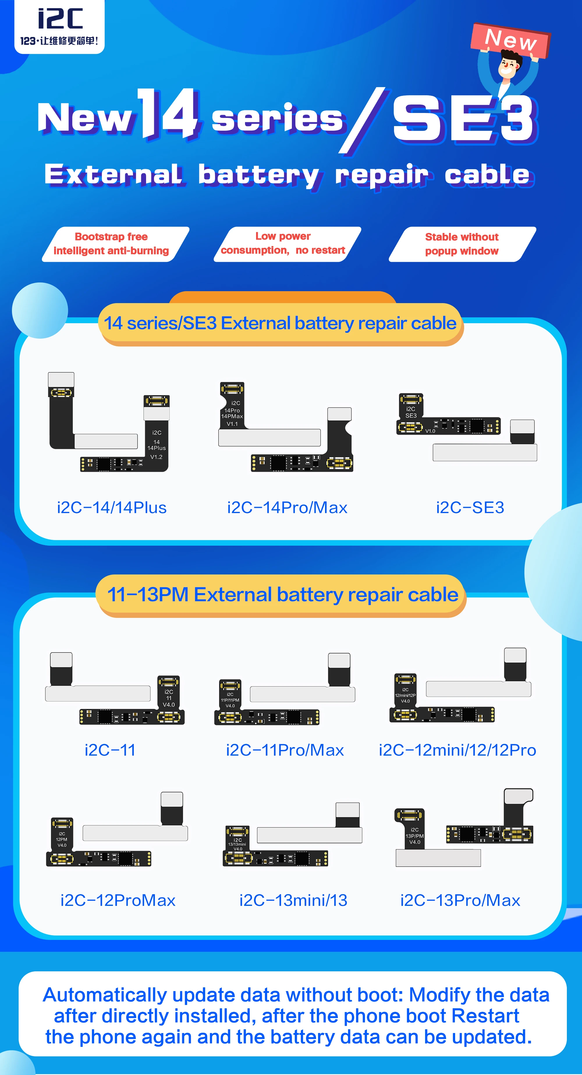 I2C Battery Repair Board Flex Cable for iPhone 11-14PM Non-Genuine Battery Warning Health Repair Battery Pop Ups reading writing