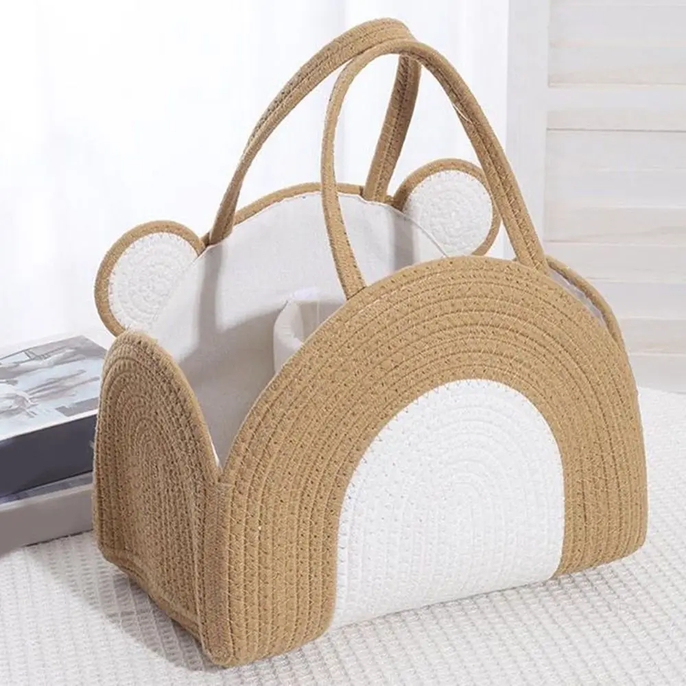 Cute Cotton Rope Baby Diaper Bag Bear Pattern Handheld Diaper Storage Bin Large Capacity with Handle Diaper Organizer