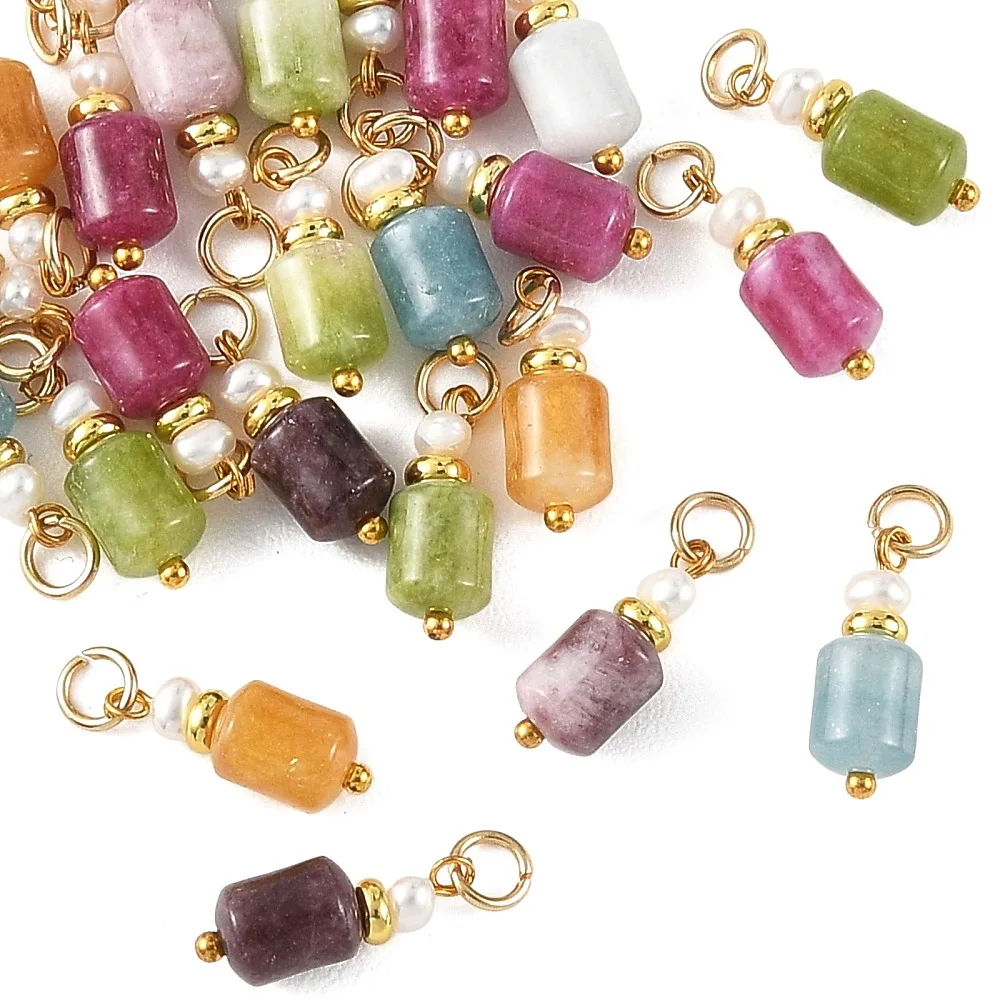 25pcs Mixed White Jade Cylinder Bead Charms w/Pearl Column Gemstone Dangle Pendants for DIY Earrings Bracelet Necklace Jewelry