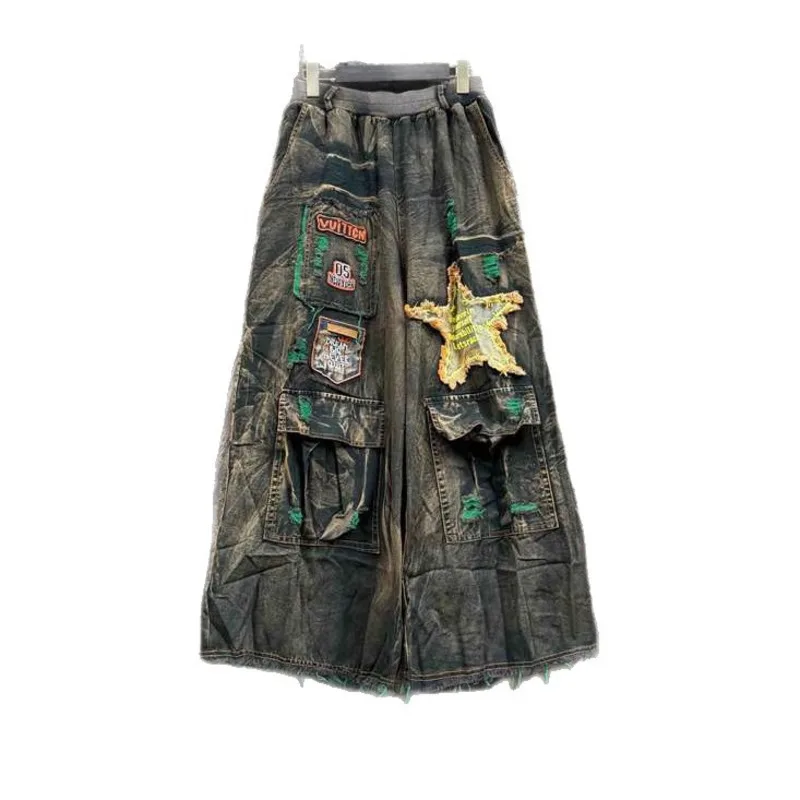 ANJY Spring Summer New Women Trend Streetwear Patch Denim Loose Casual Cargo Pants Sleeveless Ripped Single Breasted Vest A23518