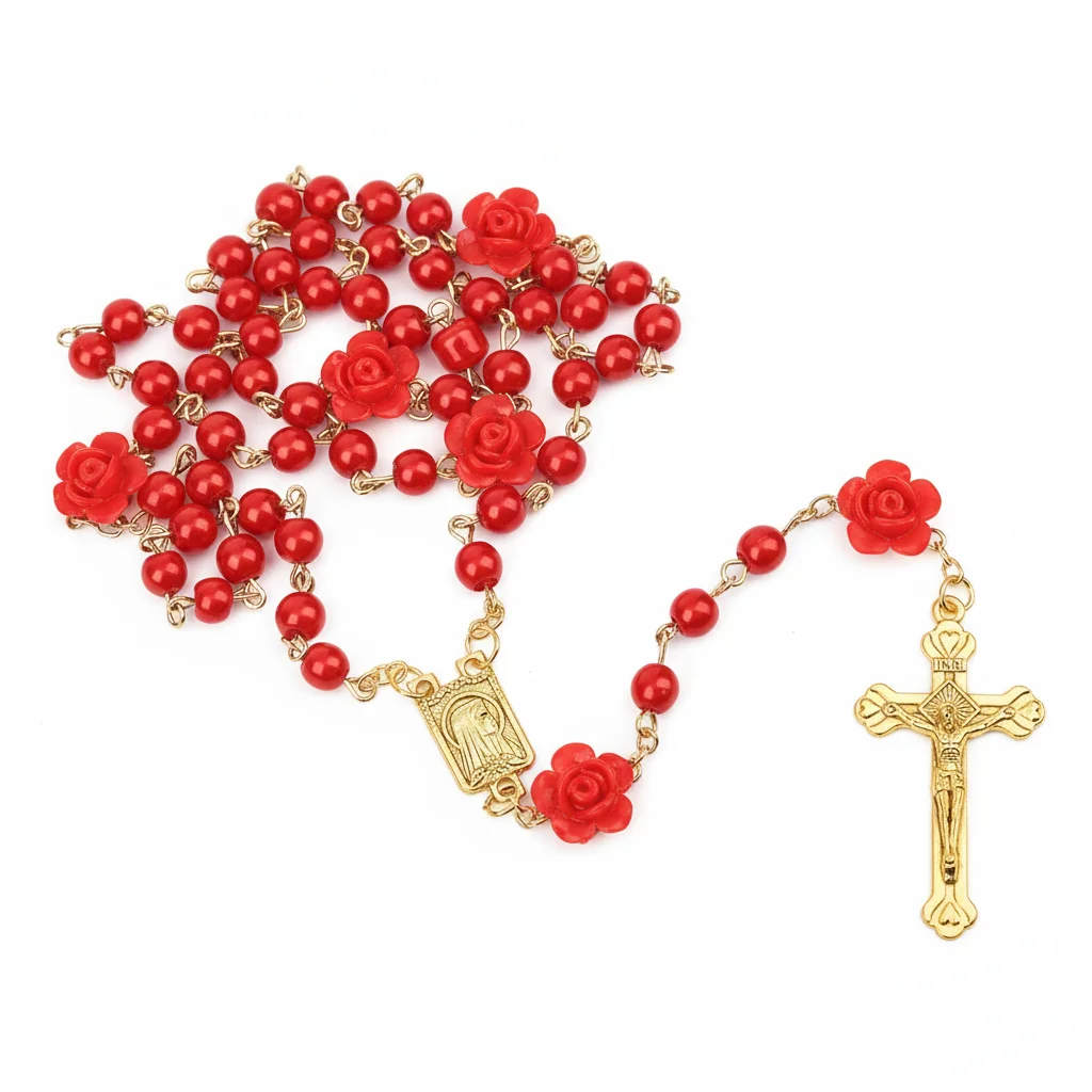 Religiöse Rosenkranz-Halskette für Damen, Kreuz-Anhänger, 6 mm lange Glasperlen, Rosenkette, Choker, weiblicher Gebets-Schmuck, Geschenk. – Detail 7