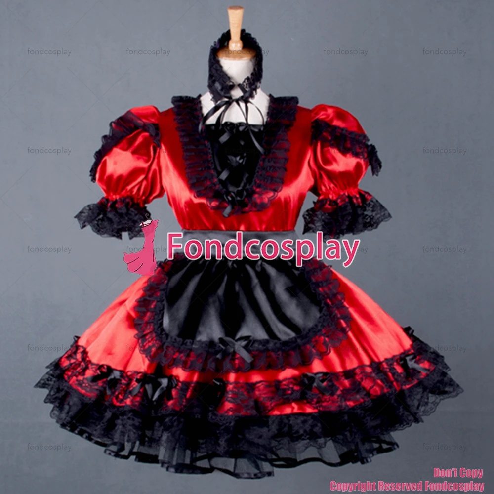 

fondcosplay adult sexy cross dressing sissy maid short Lockable Red Satin French Uniform Dress black apron Custom-made[G790]