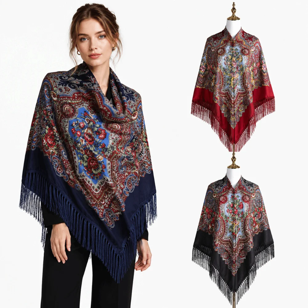 Russian Style 160x160cm Square Scarf Floral Print Extra Large Shawl Wrap Cotton Tassel Bandana Scarf Ethnic Style