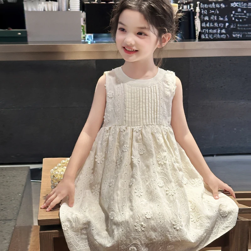 

Girls Summer Dress Children Flower Embroidered Sleeveless Vest Dress Children's Clothing 2025 New