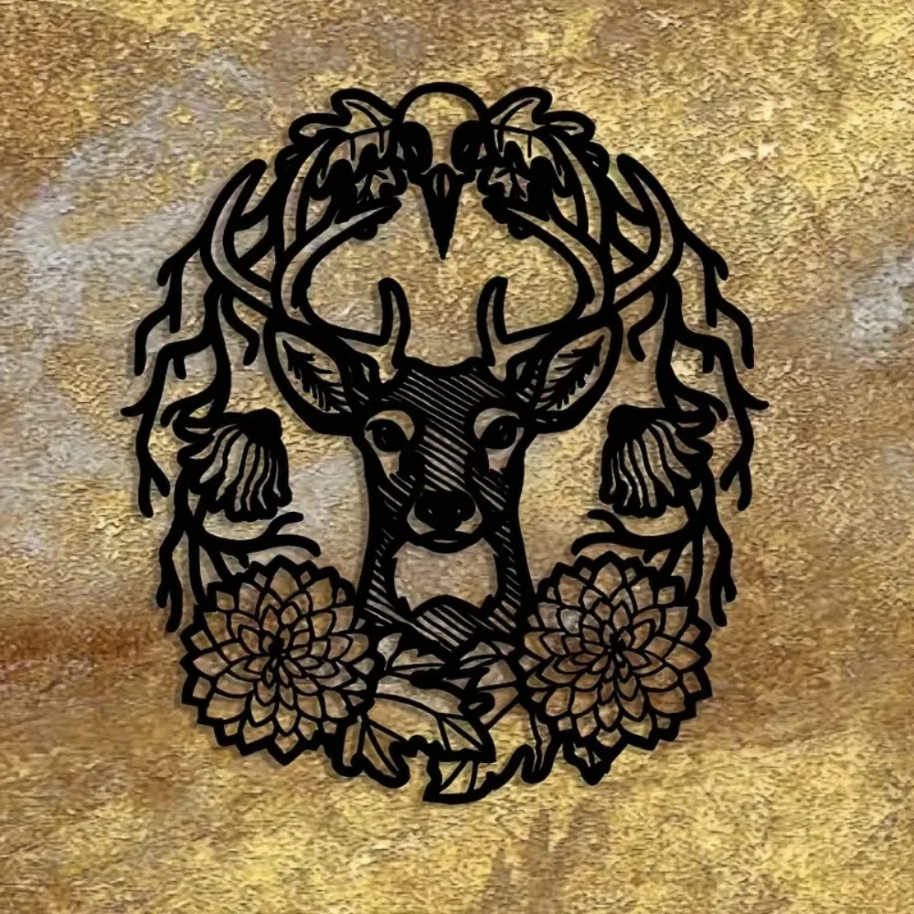 Precision Craft Aluminum Iron Wall Art, 2D Flat Elk Wreath Abstract Metal Plaque, Minimalist Home Decor for Christmas Halloween