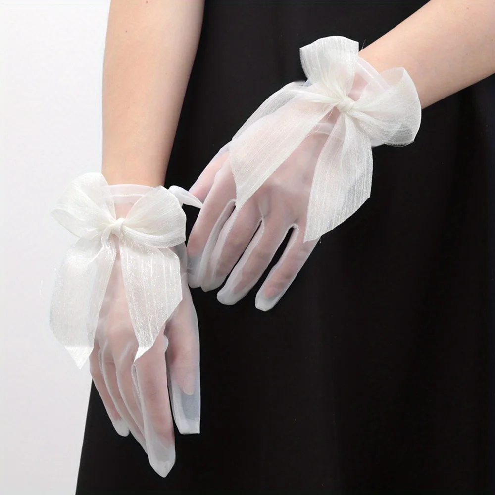 قفازات زفاف العروس للنساء حقيبة قصيرة للاستوديو للتصوير الفوتوغرافي بفيونكة شفافة مع لون أبيض حليبي بسيط #1