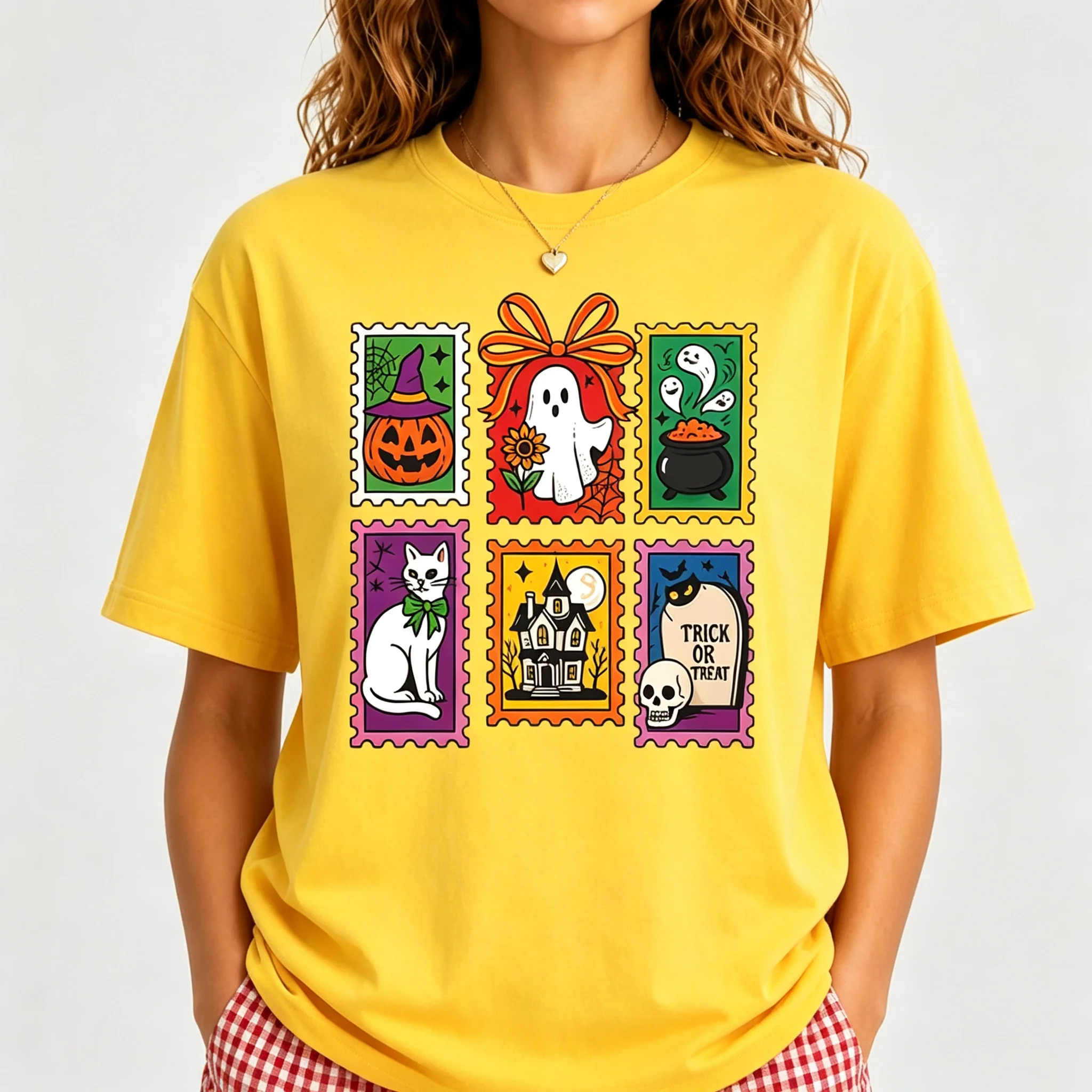 Halloween Stamp Pattern Graphic T‑Shirt Women Pumpkin Ghost Cat Haunted House Print Short Sleeve Tees Crew Neck Casual Tops