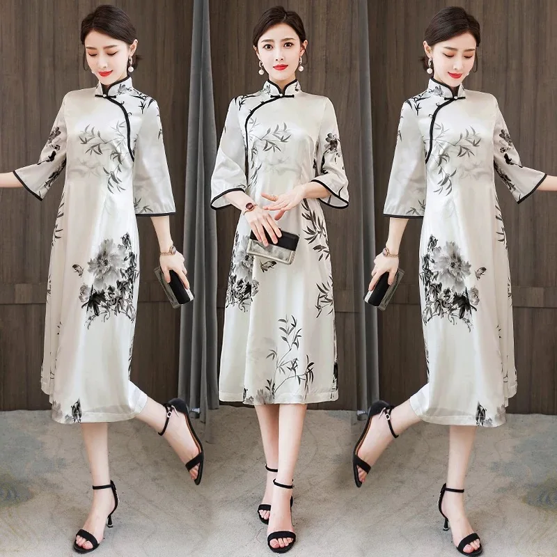 

Summer Vietnam Traditional Aodai Cheongsam Women Oriental Printed Banquet Evening Party Dresses