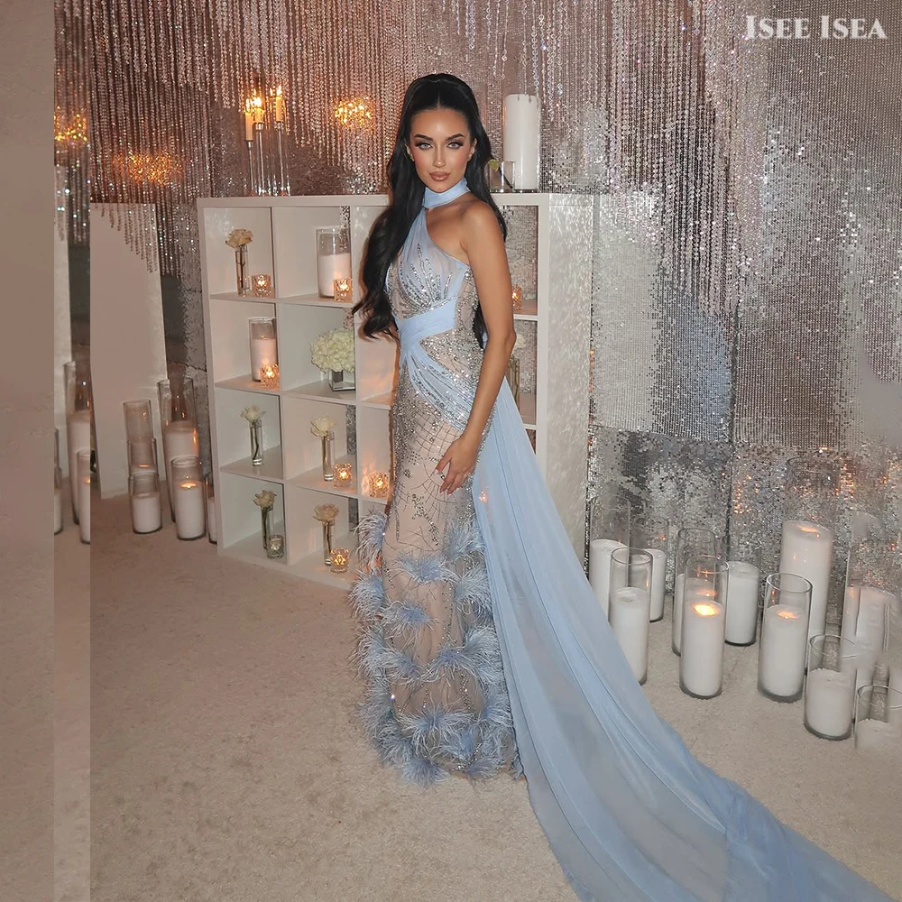 ホルターネックイブニングドレス 2025 スパンコール マーメイドドレス ワンショルダー コラム ガラドレス フェザープロムドレス カスタムメイド