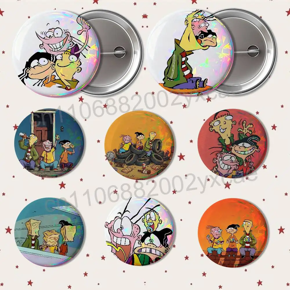 Three good friends Ed Edd Eddy Reflective Pin Tinplate Round Brooch Cartoon Cosplay Badges for Bag Hat Toys Gifts