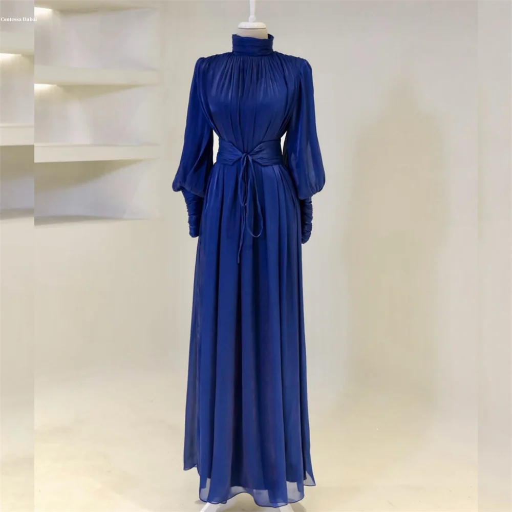 

Contessa Dubai Customized High Neck Long Sleeve Column Prom Dress Chiffon Empire Waist Evening Dresses Ankle-Length Party Dress